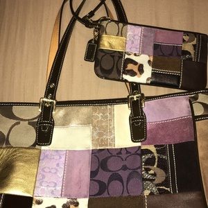 Coach holiday patchwork purse and wristlet.